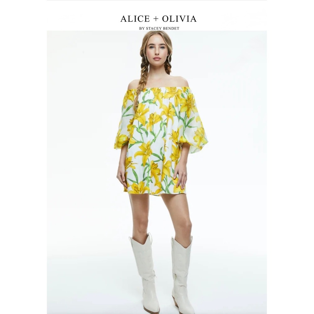 Alice + Olivia‎ Artemis Off The Shoulder Blouson Tie Sleeve Mini Dress sz L Boho